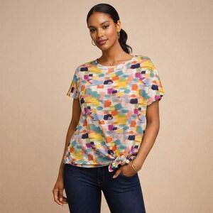 PURE Essence Colorful Abstract Print Short Sleeve Top Relaxed Fit